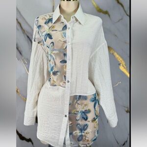 Women's White Button-Down Top with Blue Floral Embroidery
